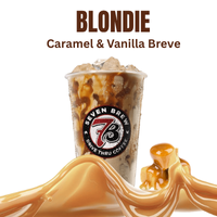 7 Brew Blondie Original – caramel and vanilla breve signature coffee drink.