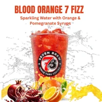 7 Fizz 2 Blood Orange 7 Fizz featuring a bright, citrus-forward soda blend with bold orange & pomegranate flavors, served over ice with a vibrant, refreshing appearance.