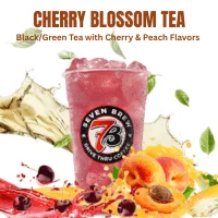 Teas 10 Cherry Blossom iced tea from 7 Brew Coffee made with black and green tea infused with cherry and peach flavors, served as a refreshing pink tea with fruit and floral elements.