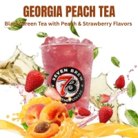 Teas 8 Georgia Peach tea from 7 Brew Coffee made with black and green tea infused with ripe peach flavor, served as a refreshing fruit-forward summer tea