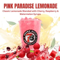 Lemonades 4 Pink Paradise Lemonade crafted with a refreshing lemonade base blended with cherry, raspberry, and watermelon flavors, served over ice with a vibrant pink hue.