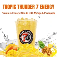 7 Energy 2 Tropic Thunder 7 Energy drink blending juicy mango and pineapple flavors, served iced with a tropical, golden-hued energy drink appearance.