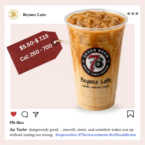 7 Brew secret menu Beyonce Latte with lemon syrup, honey drizzle, espresso, creamy milk, and golden-hued whipped cream inspired by the iconic star