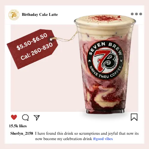 7 Brew secret menu Birthday Cake Latte topped with whipped cream, rainbow sprinkles, and vanilla syrup swirl in a festive clear cup