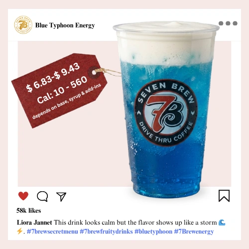 7 Brew secret menu Blue Typhoon Energy with electric neon blue raspberry syrup and storm-bright tropical color poured over crushed ice