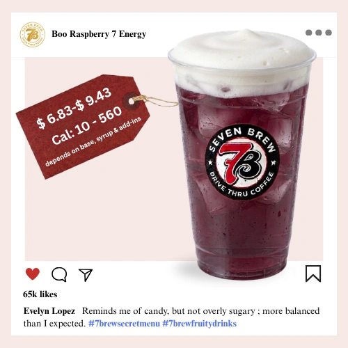 7 Brew secret menu Boo Raspberry Energy with hauntingly dark wild raspberry syrup creating a deep grape-purple spooky Halloween-inspired color