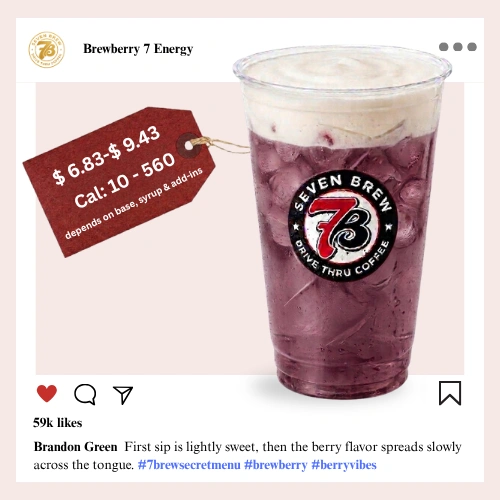 7 Brew secret menu Brewberry Energy with deep mixed wild berry syrup creating a rich jewel-toned crimson-purple berry color over ice