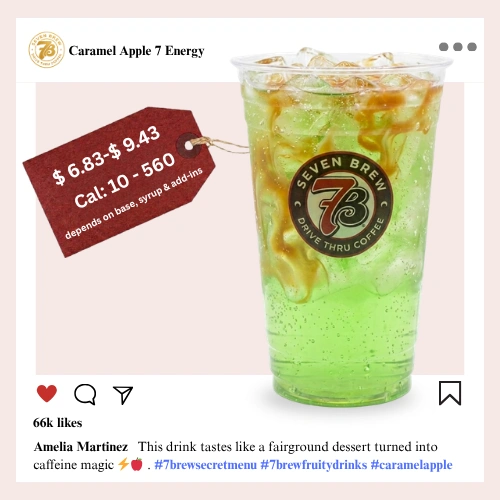 7 Brew secret menu Caramel Apple Energy with sweet Granny Smith apple and buttery caramel syrup in a warm golden harvest color