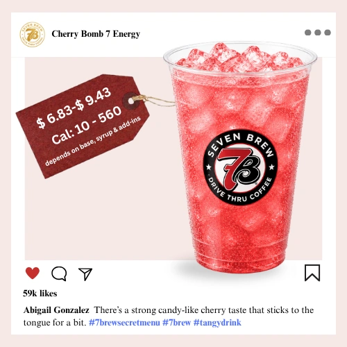 7 Brew secret menu Cherry Bomb Energy with explosive bold maraschino cherry syrup delivering an intense fire-engine red color over crushed ice
