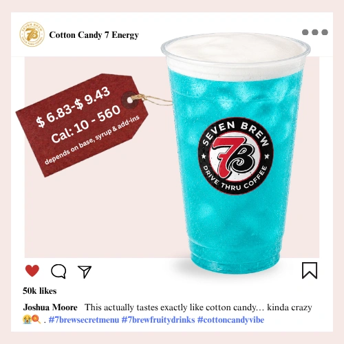 7 Brew secret menu Cotton Candy Energy with fluffy pink and blue carnival-inspired cotton candy syrup creating dreamy pastel swirl layers over ice