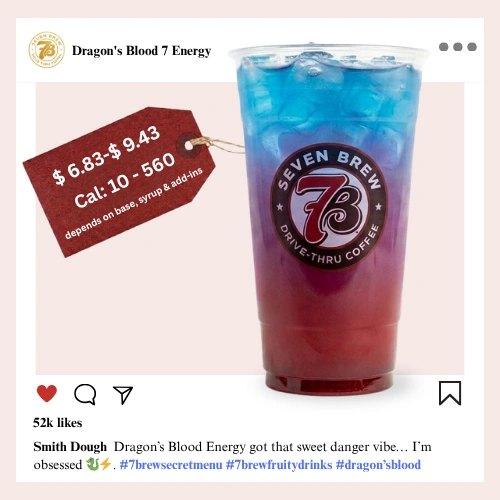 7 Brew secret menu Dragon's Blood Energy with dragon fruit and strawberry syrup producing a fierce deep crimson mythical-inspired color over ice