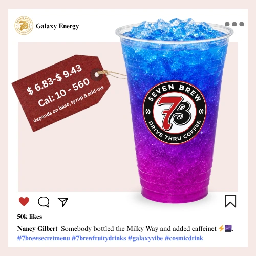 7 Brew secret menu Galaxy Energy with swirling deep blueberry and grape syrup creating a stunning cosmic midnight-purple outer space color