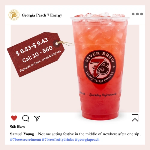 7 Brew secret menu Georgia Peach Energy with sun-ripened Southern peach syrup glowing in a warm amber-peach Southern summer color over ice