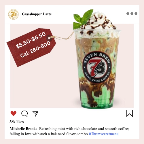 Secret Menu 33 7 Brew secret menu Grasshopper Latte with mint syrup, chocolate drizzle, and whipped cream in a vibrant green-tinted espresso drink