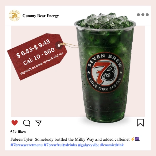 7 Brew secret menu Gummy Bear Energy with playful mixed gummy candy syrups producing bright cheerful multicolor fruity layers over ice