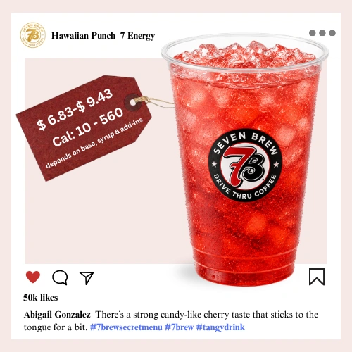 7 Brew secret menu Hawaiian Punch Energy with tropical island fruit punch syrup in a vibrant bold red-orange aloha-inspired color over ice