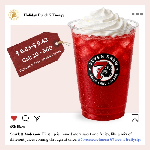 7 Brew secret menu Holiday Punch Energy with festive cranberry and fruit punch syrup glowing in a bright celebratory Christmas red color over ice