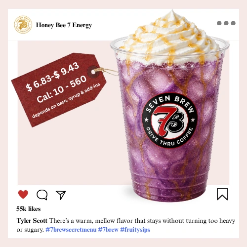 7 Brew secret menu Honey Bee Energy with golden wildflower honey syrup radiating a warm sunlit amber-yellow color reminiscent of fresh honeycomb