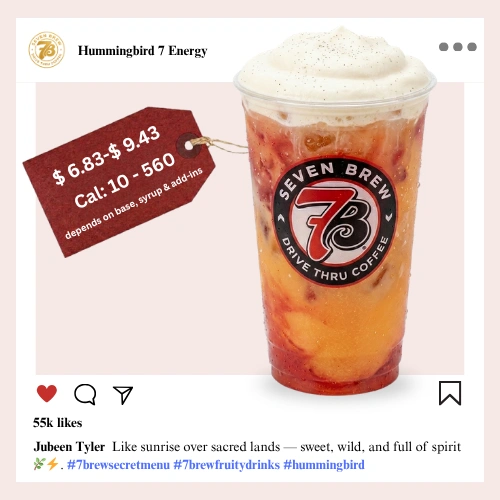 7 Brew secret menu Hummingbird Energy with delicate floral nectar and tropical fruit syrup in a soft pastel watercolor-inspired color blend