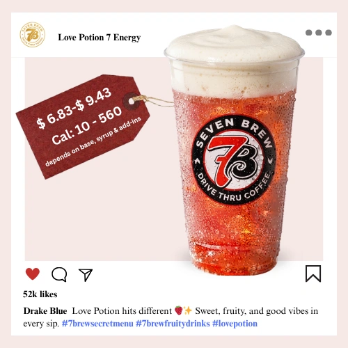 7 Brew secret menu Love Potion 7 Energy with enchanting strawberry and wild berry syrup glowing in a deep romantic rose-red Valentine color