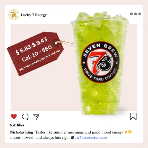 7 Brew secret menu Lucky 7 Energy with zesty citrus lime and green apple syrup shining in a bold neon lucky-clover green color