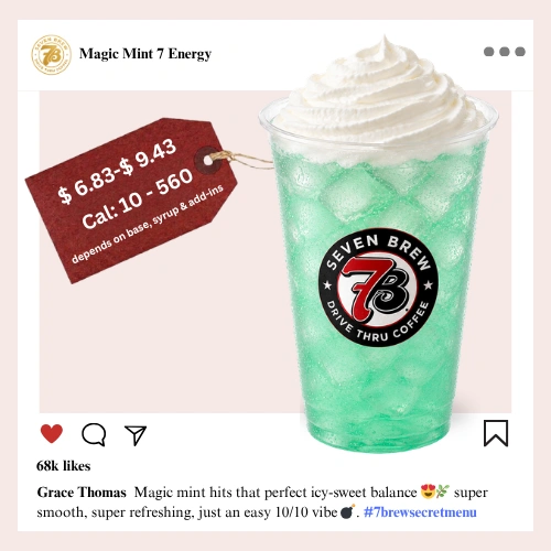 7 Brew secret menu Magic Mint Energy with cool spearmint and peppermint syrup radiating a refreshing soft mint-green enchanting color