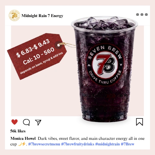 Secret Menu 67 7 Brew secret menu Midnight Rain Energy with dark blackberry and grape syrup creating a moody deep midnight blue-purple stormy color over ice