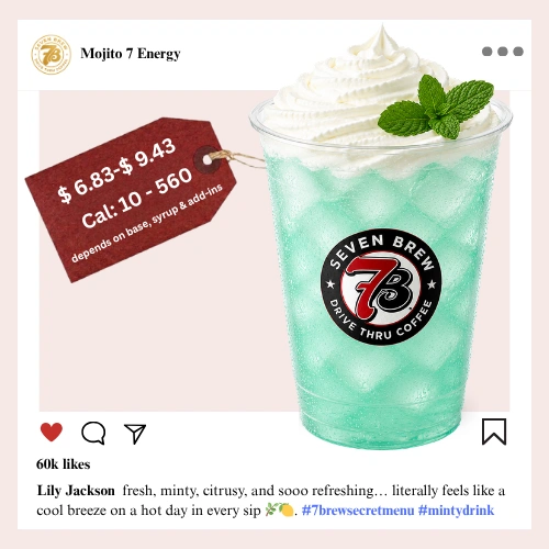 7 Brew secret menu Mojito Energy with zesty lime juice and fresh spearmint syrup delivering a bright refreshing cocktail-inspired lime-green color