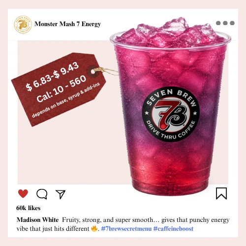 7 Brew secret menu Monster Mash Energy with bold dark mixed berry syrup creating a dramatic deep Halloween-green and black layered color