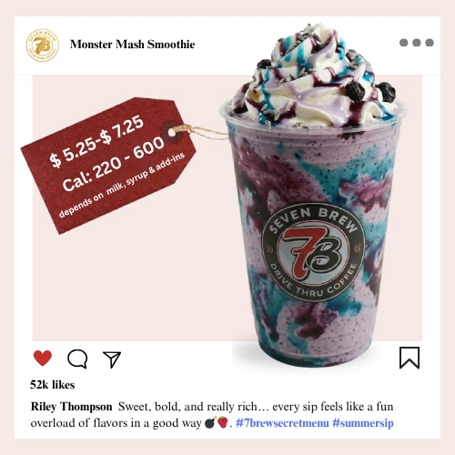 Secret Menu 59 7 Brew secret menu Monster Mash Smoothie blended with dark mixed berry syrup in a spooky Halloween-inspired color topped with whipped cream