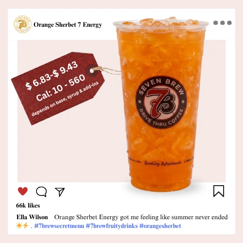 7 Brew secret menu Orange Sherbet Energy with creamy orange sherbet and vanilla syrup glowing in a bright dreamy dreamsicle-orange color over ice
