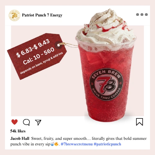 7 Brew secret menu Patriot Punch Energy with bold red white and blue layered fruit syrups stacked in a striking patriotic American flag color column