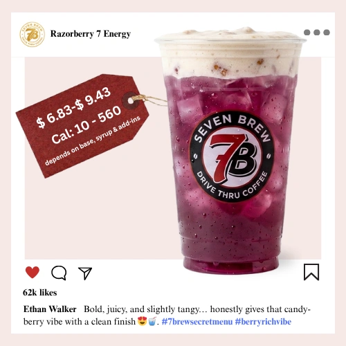 7 Brew secret menu Razorberry Energy with bold razz and wild mixed berry syrup bursting in a vivid electric magenta-pink color over ice