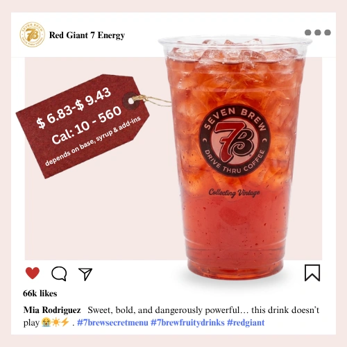 7 Brew secret menu Red Giant Energy with bold cherry and pomegranate syrup exploding in an intense deep celestial red color over crushed ice