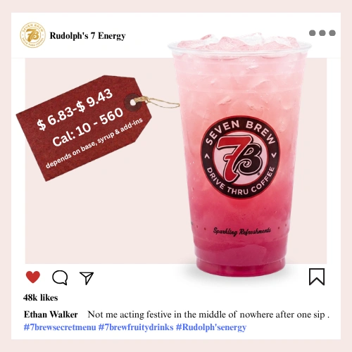 7 Brew secret menu Rudolph's Energy with festive cherry and cranberry holiday syrup glowing in a jolly bright Christmas nose-red color over ice