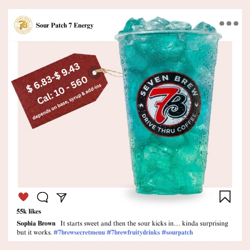 7 Brew secret menu Sour Patch Energy with tangy sour watermelon and citrus candy syrup delivering a bold neon multicolor candy-inspired layered appearance