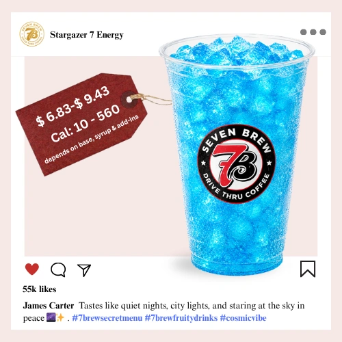 7 Brew secret menu Stargazer Energy with cosmic blueberry and mixed berry syrup swirling in a deep galactic purple nebula-inspired color over ice