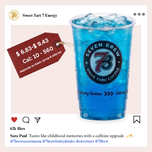 7 Brew secret menu Sweet Tart Energy with tangy candy-inspired fruit syrup layered in a vibrant neon multicolor sweet and sour appearance over ice