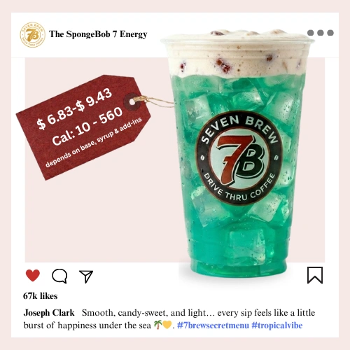 7 Brew secret menu The Spongebob Energy with tropical under-the-sea pineapple syrup glowing in a bright cartoon Bikini Bottom sunshine-yellow color