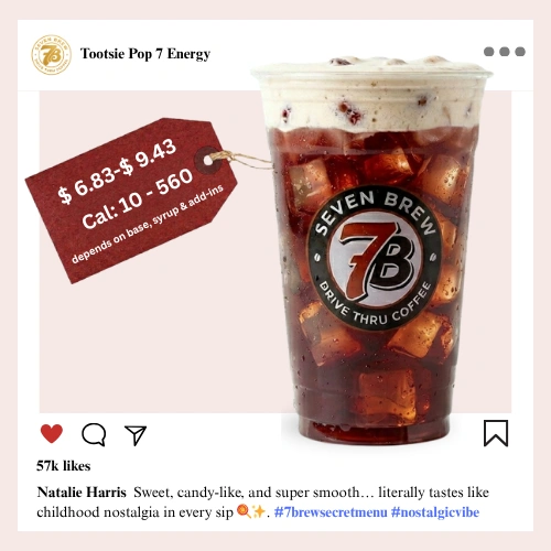 7 Brew secret menu Tootsie Pop Energy with grape and chocolate tootsie candy-inspired syrup in a deep rich nostalgic purple color over ice