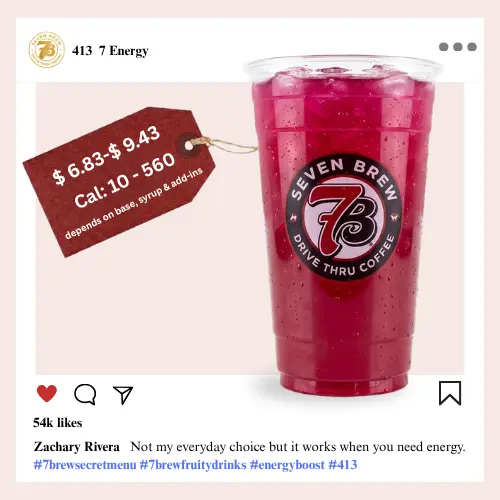 Deep magenta-crimson 7 Brew 413 secret menu energy drink loaded with orange and pomegranate syrups delivering a tart bold blood-orange punch in every iced sip.