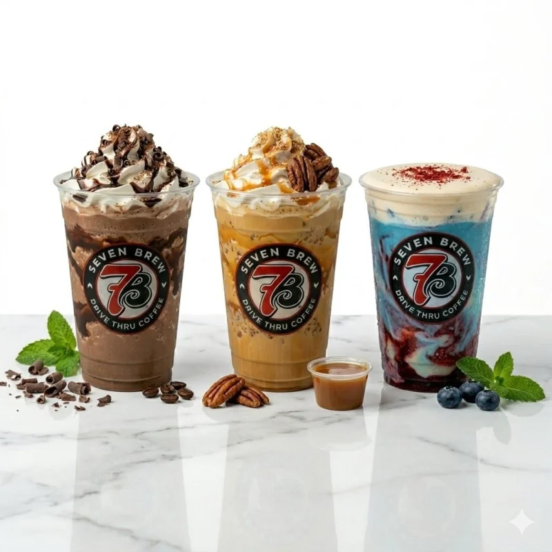 7 Brew secret menu coffee and espresso drinks with chocolate drizzle and caramel flavors
