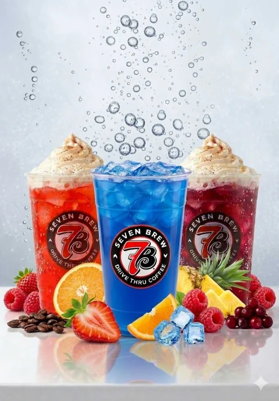 7 Brew secret menu fizz soda drinks in red blue and purple with fresh berries