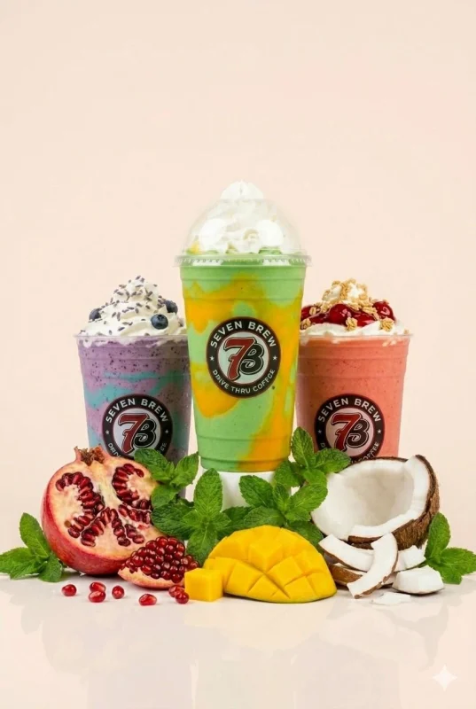 7 Brew secret menu smoothies in multiple colors with tropical and berry flavors