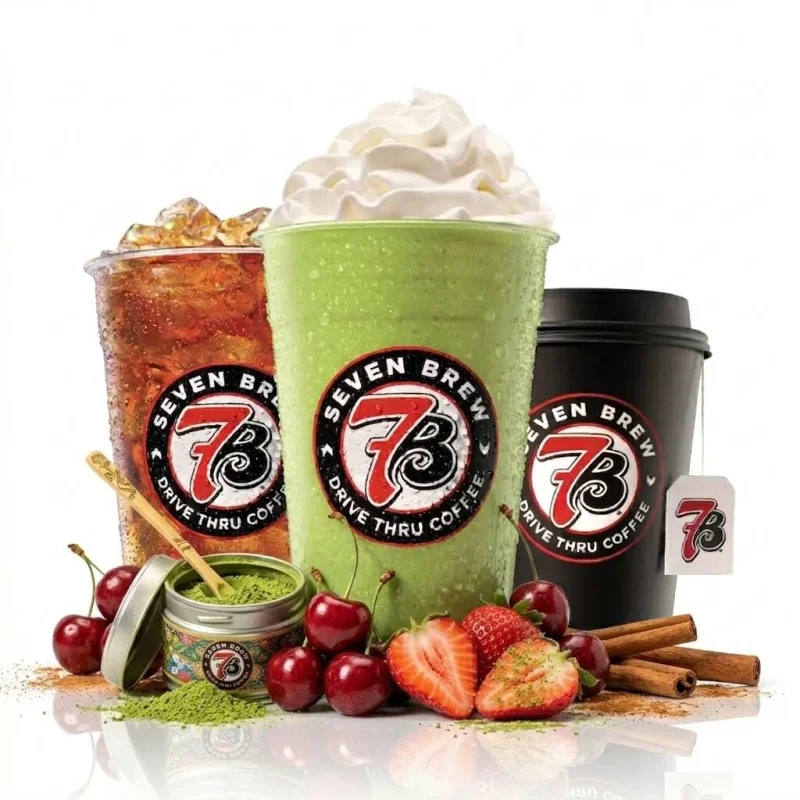 7 Brew secret menu teas with matcha green tea whipped cream iced tea cherries strawberries and cinnamon flavors
