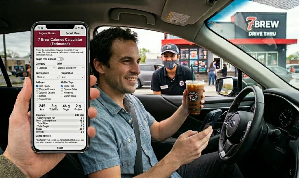 7 Brew calories calculator on a phone next to a customer holding an iced drink at the 7 Brew drive-thru