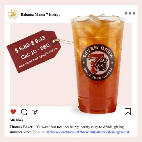 Warm amber-red 7 Brew Bahama Mama secret menu energy drink kissed with cherry and coconut syrups glowing like a summer sunset in a tall iced clear cup.