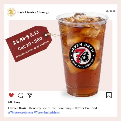 7 Brew Black Licorice secret menu energy drink served over ice in a clear cup with a rich amber-brown color layered with lavender white chocolate and watermelon syrups.