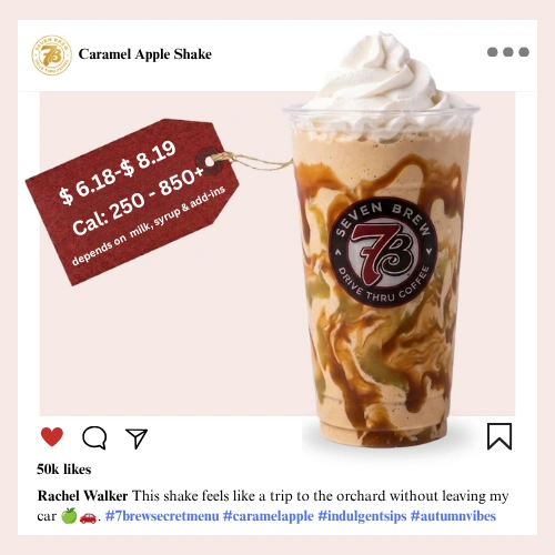 7 Brew secret menu Caramel Apple Shake blended with crisp green apple and rich buttery caramel in a creamy thick shake topped with whipped cream