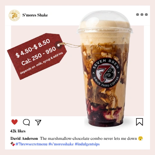 Campfire classic meets drive-thru, 7 Brew S'mores secret menu shake swirling toasted marshmallow chocolate and graham cracker into one thick indulgent blended treat